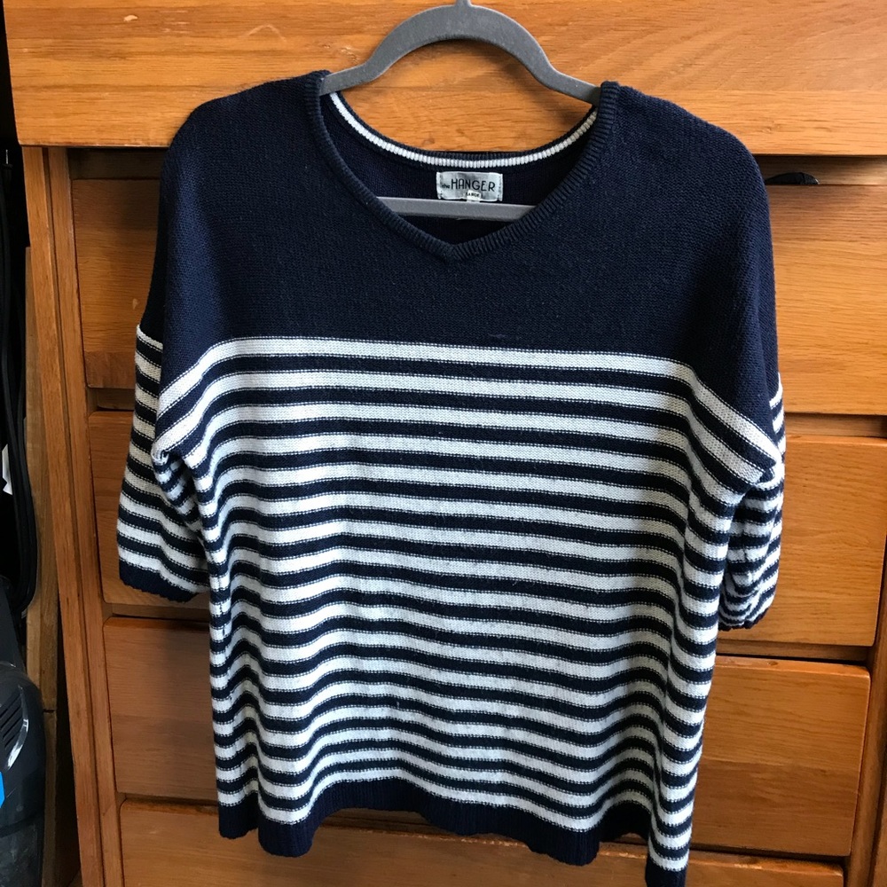 Soft blue sweater with white stripes